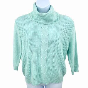 MINT GREEN SILVER METALLIC THREAD COZY TURTLENECK 3/4 SLEEVE SWEATER - XL